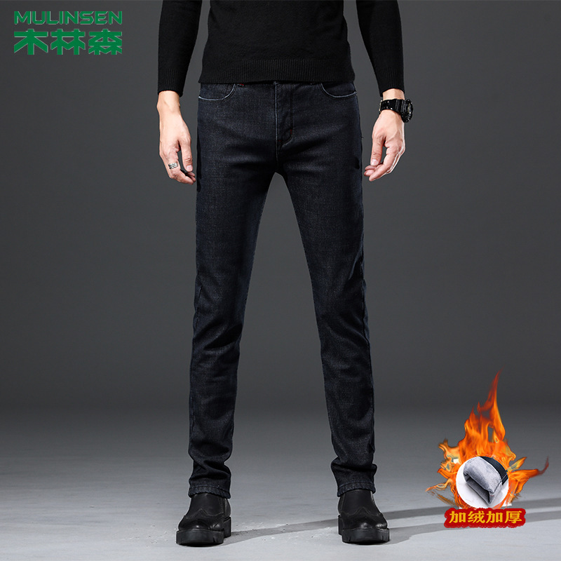 木林森冬季牛仔裤男士加绒加厚商务休闲裤子男冬天保暖弹力牛仔裤|ms