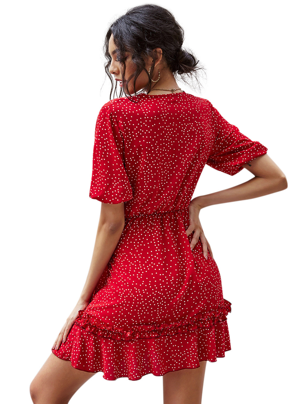  red floral folds waist slimming chiffon dress NSDF1544