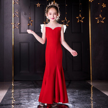 儿童礼服2024新品红色无袖长款小主持人演出服模特走秀欧美公主裙