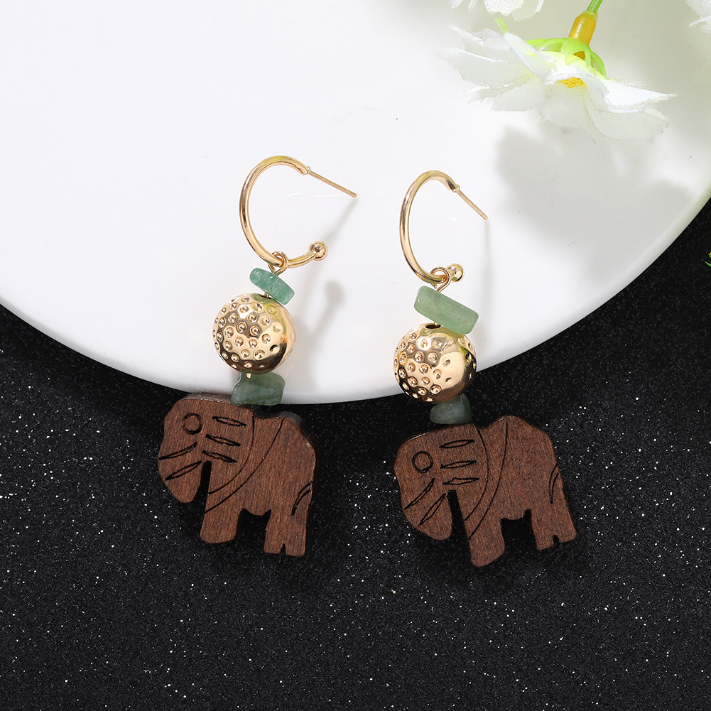 New Fashion Creative Wood Carving Artificial Gems Stitching Cute Elephant Long Earrings For Women Wholesale display picture 3