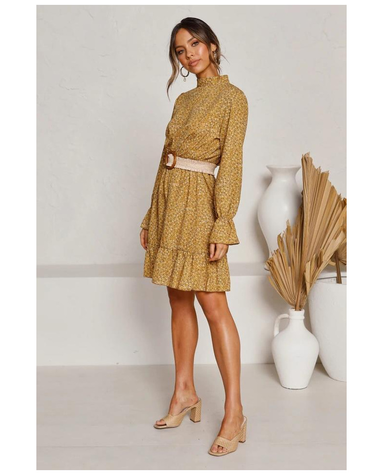 printed long-sleeved round neck ruffle skirt dress NSYD3778
