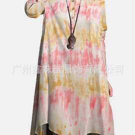 2020厂家休闲外贸欧美风女装批发立领扎染彩虹条衬衣印花连衣裙女