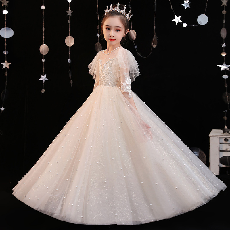 Children dignified dress flower show piano performance dress girl white wedding dress girl princess dress host chorus show dresses