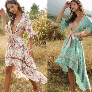 Bohemian deep V-neck lace up backless Vintage Print Dress