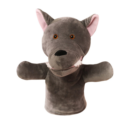Early childhood education creative new large size animal wolf shark tiger pig plush toy hand puppet that can open its mouth