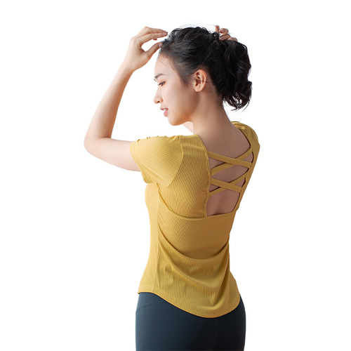 New Slimming Skin-Friendly Yoga Wear High Elastic Fitness Wear Slimming Running Training Ribbed Short-Sleeved T-Shirt 