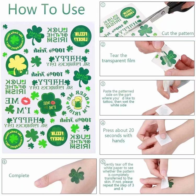 Resistente al agua polvo brillante alfalfa pegatinas faciales pegatinas del día de San Patricio pegatinas de tatuaje irlandeses