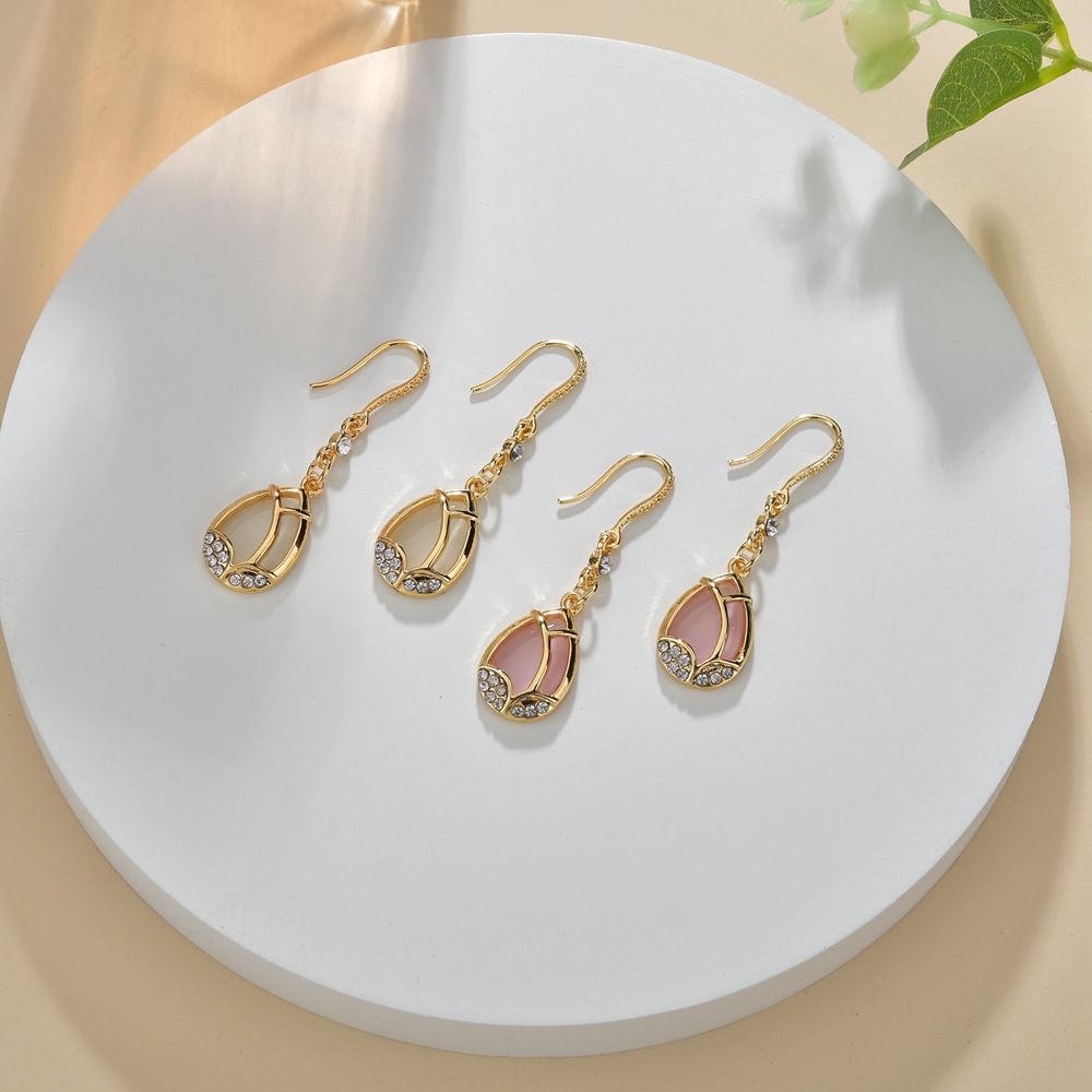 Alloy Material Water Droplets Pattern Fashion Silver Needle Tulip Retro  Cat Eye Korean Long Water Drop Zircon Earrings