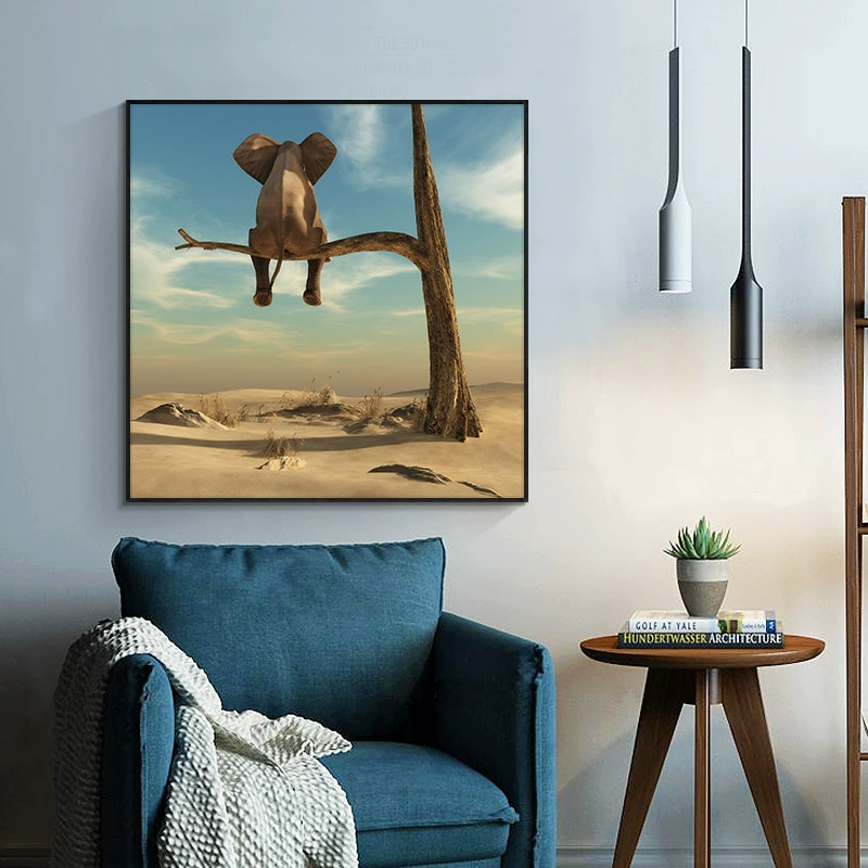曼落 Foreign trade hot style interesting baby elephant painting on the tree for children's room poster print decoration