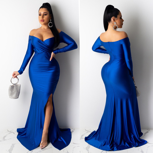 Women's sexy clubwear long dress nightclub v-neck bar stage performance maxi dress Solid color large slit long dress