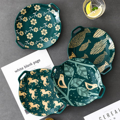 Japanese hand-painted relief underglaze ceramic dinnerware restaurant trendy creative pastry plate home double-eared round serving plate