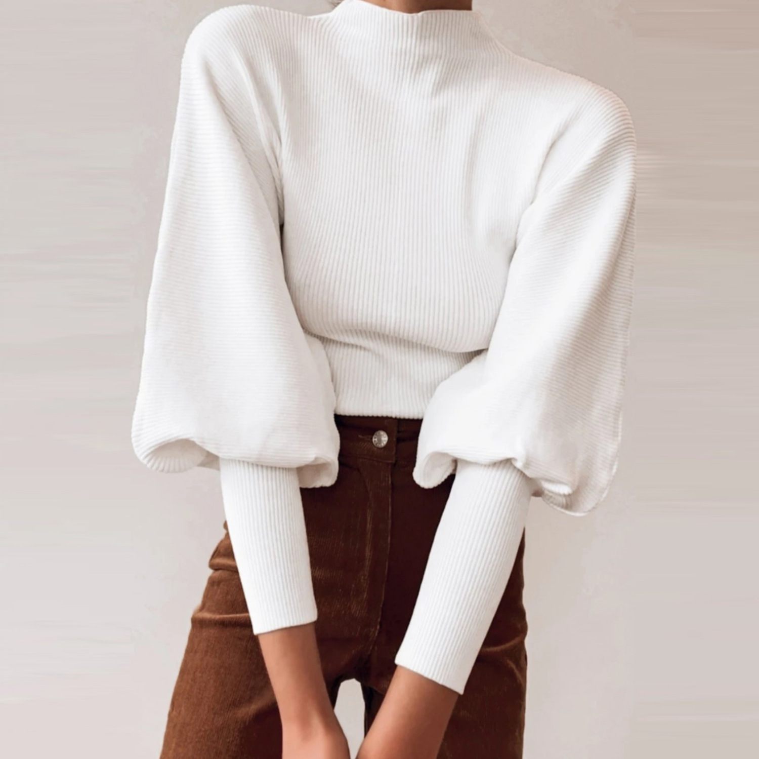 New Autumn And Winter Sweaters Women Hot Net Color Knitting Lantern Sleeve Long Sleeve Pullover High Collar Sweater in Sweaters