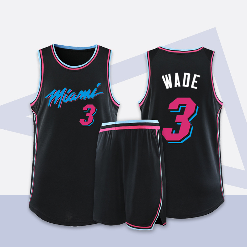 热火城市版3号韦德球衣篮球服套装男篮球服黑粉色球服比赛印字