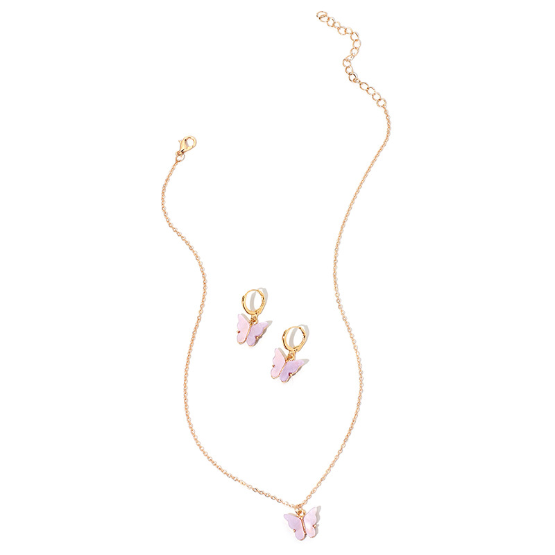 10g Weight Necklace Classification Wedding, Travel Occasion Alloy Material Circle Pattern Women'S Gender Pink, Purple, Green, Yellow Color Girls Fashion Butterfly Pendant Sen Earrings Clavicle Chain Super Fairy Earring Necklace 11