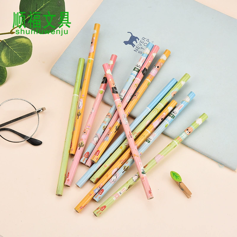 Cartoon HB Round Pencil (shunfuwenju) — HB lead, 4 colors, bulk classroom packs