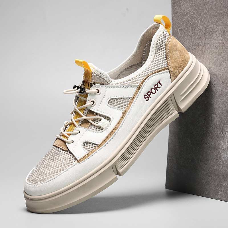 2020夏季新款男士网面透气时尚板鞋韩版镂空真皮男鞋低帮厚底皮鞋