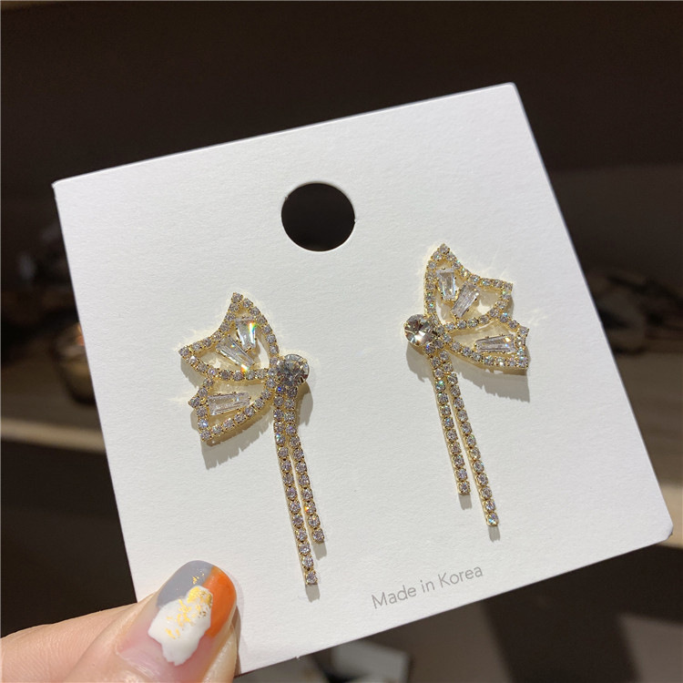 Korea 925 Silver Needle Full Diamond Bow Long Tassel Alloy Earrings display picture 7