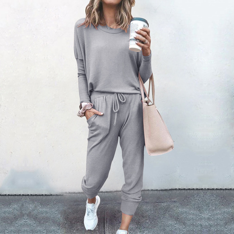 2 Piece Set Quantity Daily Occasion Round Neck Neckline Breathable Function Daily Women'S Fashion Solid Color Cotton Polyester Patchwork Pant Co-ord Set Pants Sets