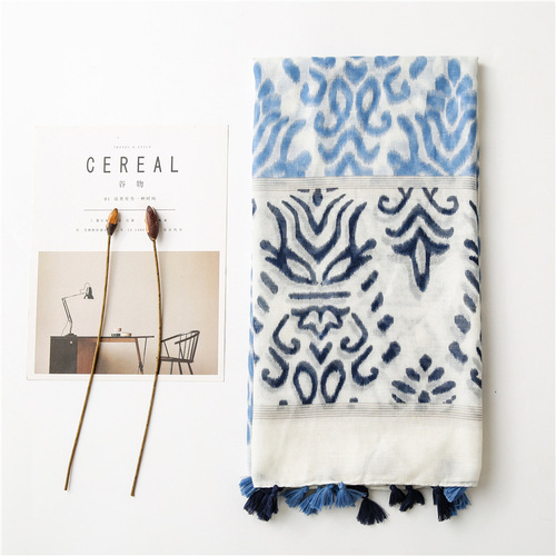Harajuku style Japanese style forest girl style ripple print pattern sun protection shawl scarf beach towel cotton and linen tassel silk scarf for women