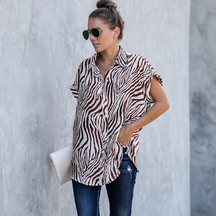 hot sale summer hot style short-sleeved single-breasted zebra print loose shirt  NSYD3905