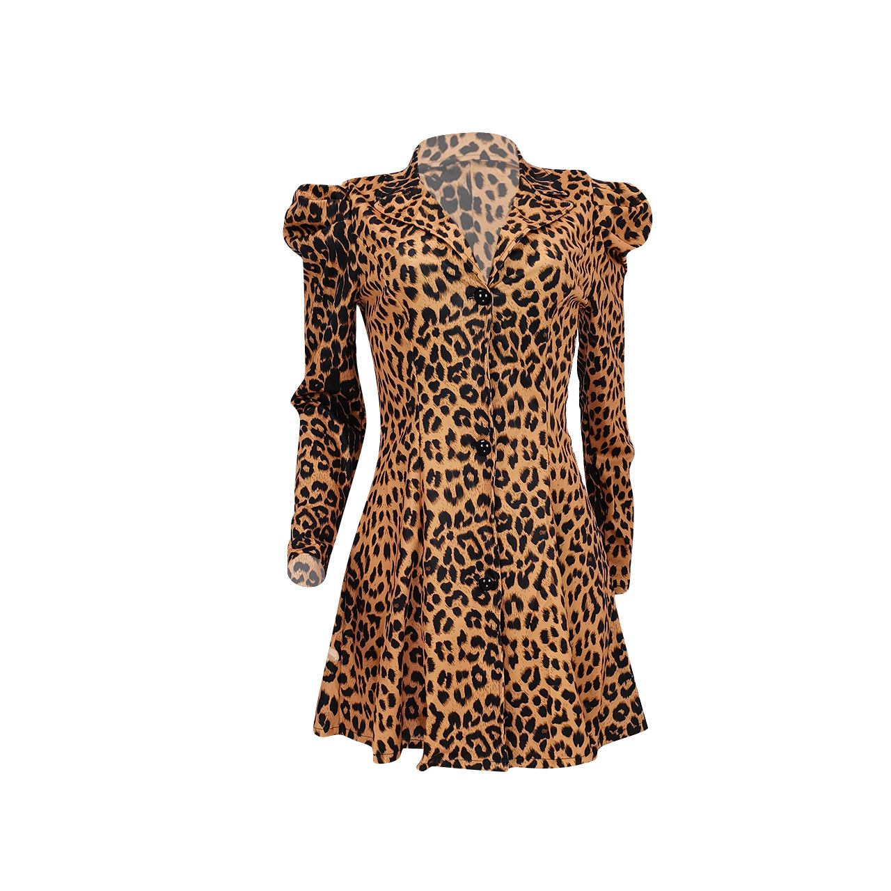 Leopard Print Fluffy Sleeve V-Neck Single-Breasted Dress NSFFE110777