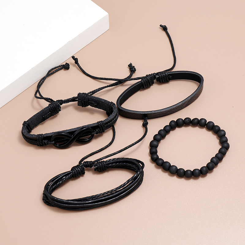 Fashion multi-layer woven retro cowhide simple black 8 word leather bracelet
