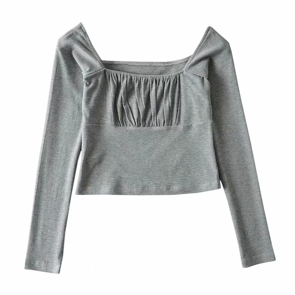 Square Collar Long-Sleeved Pleated T-Shirt NSAC13999