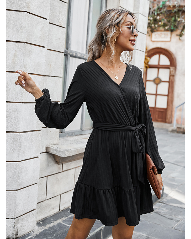 women s clothing 2020 new autumn elegant v-neck tie rope dress NSKA210