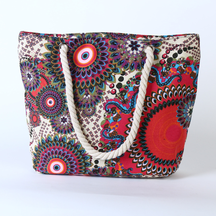 412g Weight Polyester Lining Material Women's Large Canvas Stripe Vintage Style Open Shoulder Bag
