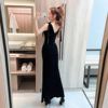 V-neck low cut back velvet A-line dress Toastmasters sleeveless vest dress