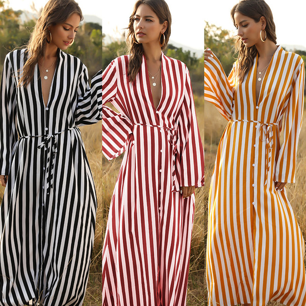 New fashion women’s large stripe comfortable super long dress