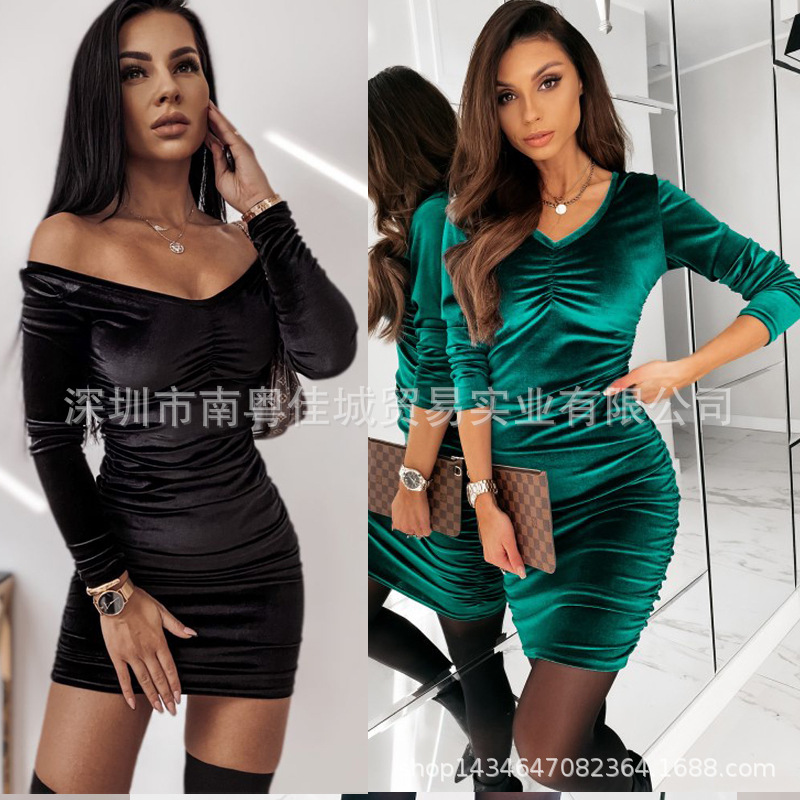 款2021春季跨境货源性感气质女装金丝绒V领铅笔裙长袖连衣裙