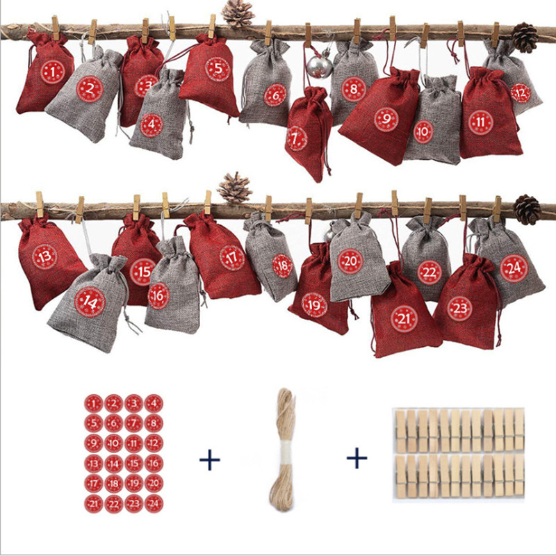 24圣诞倒计时降临日历麻布礼品袋双色套装 糖果礼物包装小麻布袋