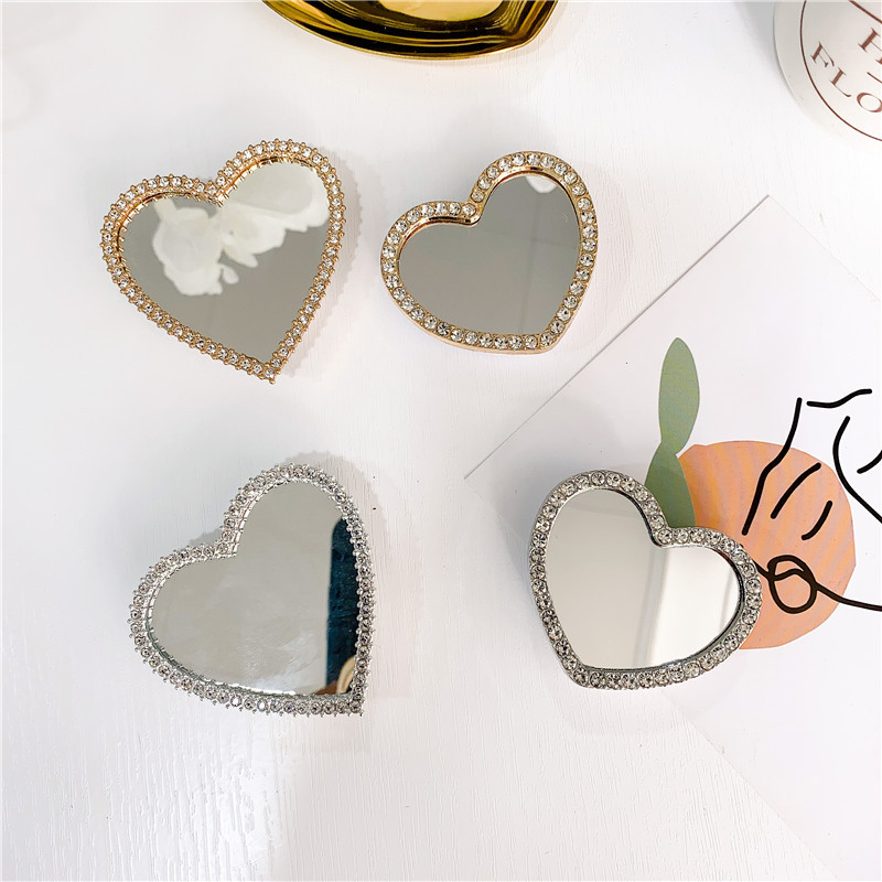 20g Weight Universal Applicable Brands Metal Material Round, Square, Heart Shape Pattern Fashion Style Korean Style Ins Style Diamond-embedded Heart Shape Mirror Airbag Bracket Adhesive Retractable Mobile Phone Bracket Desktop Lazy Bracket 2