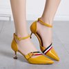 Women's middle heel shoes with color contrast one line buckle pointed side empty thin heel shoes