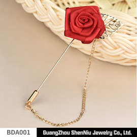 BAD001 经典玫瑰花带叶链条针盘带链西装胸针批发
