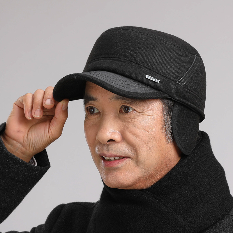 Cappelli da uomo di mezza età in inverno, papà piatto con protezione per le orecchie, anziani per il calore autunnale e invernale, nonno vecchio_voghion.com