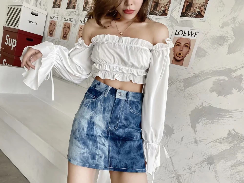 tie-dye printed high-waist denim skirt  NSAC14948