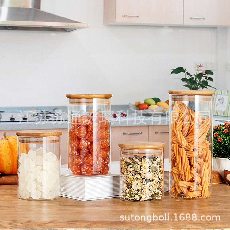85批发生产收纳高硼硅竹木盖玻璃密封储物罐厨房家用糖果茶叶罐