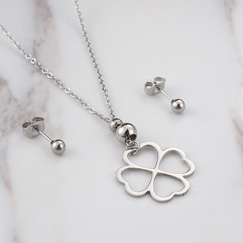 simple hollow heart-shaped stainless steel earrings necklace set wholesale Nihaojewelry