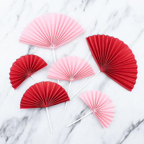 Semi-circular pink and blue folding fan sunflower paper fan flower Chinese fan birthday cake decoration plug-in