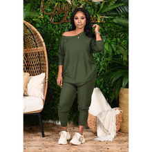 CN9901欧美大码女装性感速卖通亚马逊纯色圆领宽松两件套套装