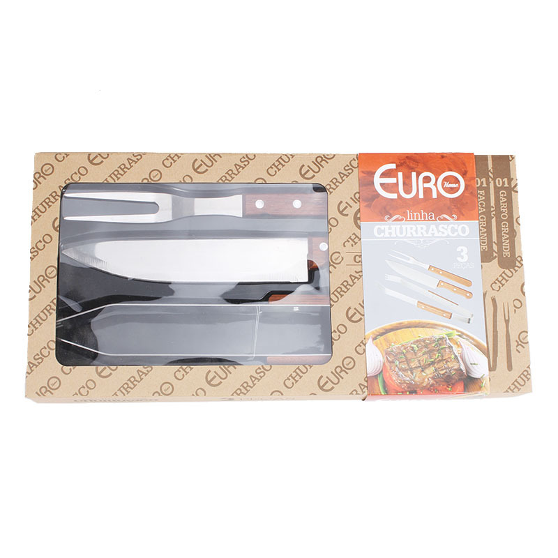 Fuente de la fábrica de barbacoa al aire libre suministros de barbacoa mango de madera de acero inoxidable de 3 piezas conjunto de hornear caja de regalo juego de hornear traje