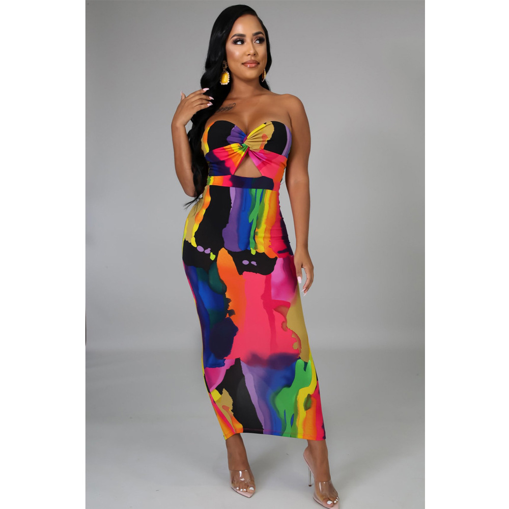 Wrap Chest Twist Tie Dye Slit Hollow Dress NSASL128360