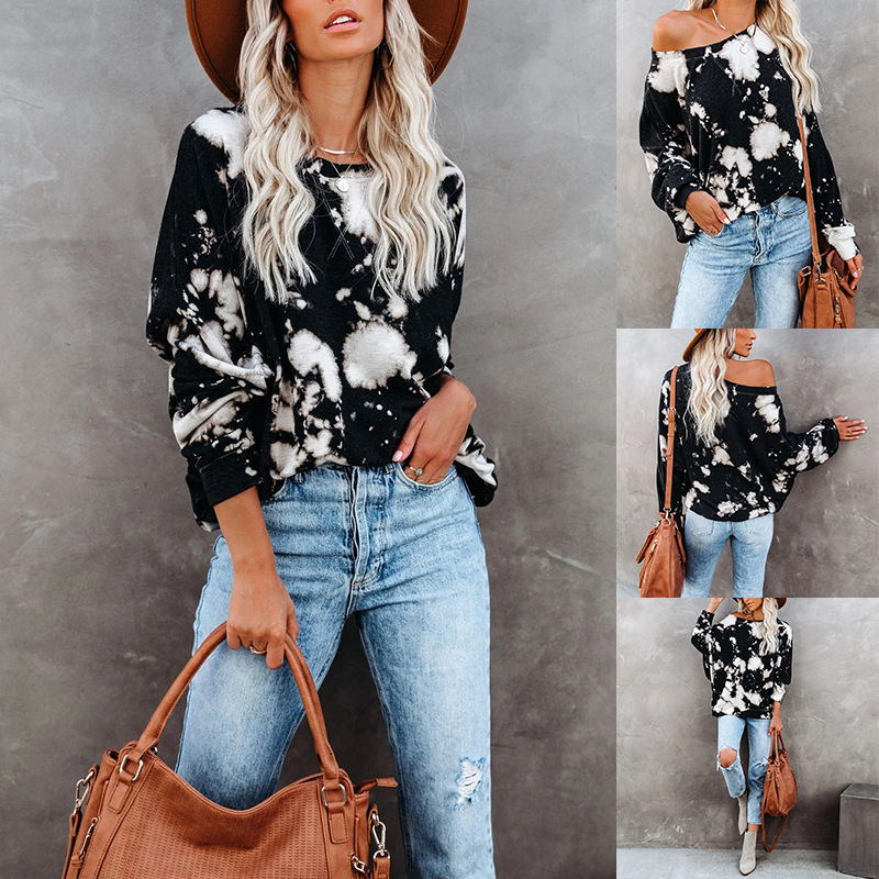 tie-dye printing long-sleeved round neck casual loose top NSKX7781