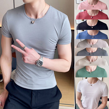 萊卡棉彈力短袖T恤 2020夏季純色圓領緊身打底衫潮男短袖圓領T恤