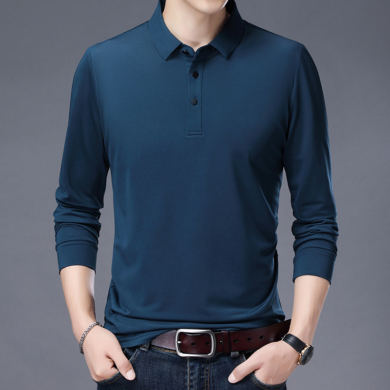 2022 Autumn Mercerized Cotton Men's Long-sleeved T-shirt Men's Lapel for Middle-aged Dad Ice Silk Large Size Polo Shirt Thin