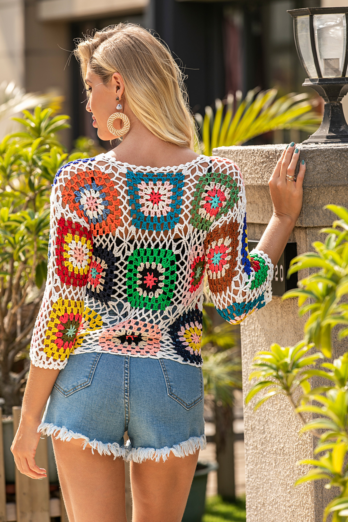 廠價(jià)直供2020跨境新款度假風(fēng)手工鉤花鏤空花朵七分袖上衣 批發(fā)