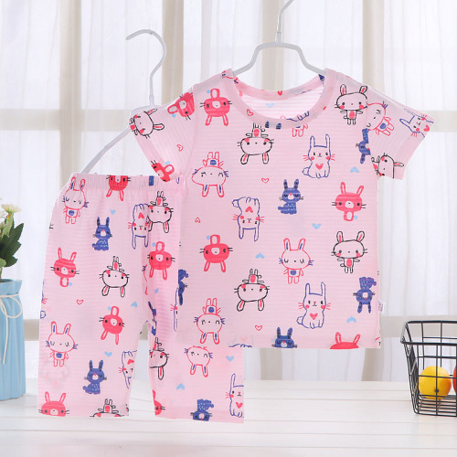 Children's short-sleeved shorts bamboo cotton summer pajamas set baby home clothes thin cotton half-sleeve one piece drop shipping