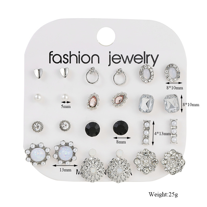 Korean New Trend 12 Pairs Set Simple Crystal Women's Alloy Earrings display picture 1